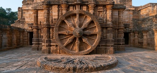 Obraz premium Ancient stone wheels and elaborate carvings illuminate a historic sun temple with warm golden hues.