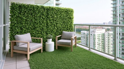 Fototapeta premium Modern apartment balcony oasis with artificial turf and hedge privacy screen