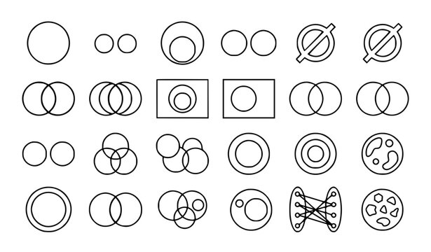 Discrete maths vector icon set featuring Venn diagram overlapping circles intersection and set theory symbols on white background
