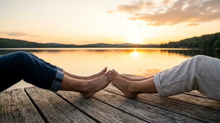 Fototapeta premium Bare feet of a loving couple touching playfully while sitting together on a wooden pier during a golden sunset hour