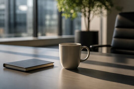 A coffee mug and notebook sit on a desk in a sunlit office with a plant in the background.