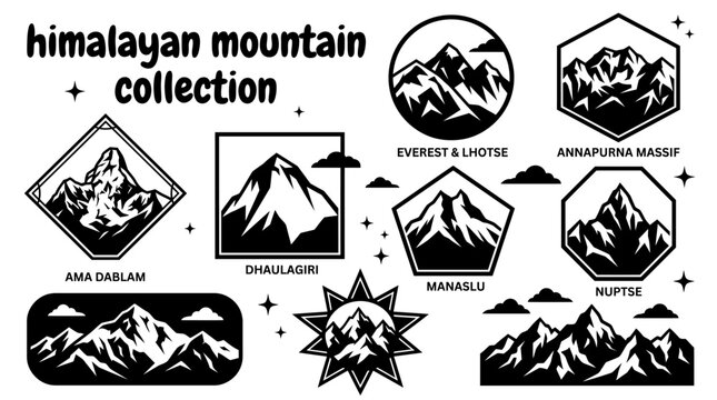 himalayan mountains featuring everest annapurna dhaulagiri manaslu nuptse ama dablam and magnificent snow covered summits arranged as a commercial vector illustration set for adventure