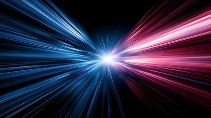 Abstract light streaks of blue and pink converge at a central glowing point. Perfect for technology and futuristic. © Stock by Anindya
