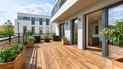 Fototapeta premium Modern wooden terrace with potted plants and city view