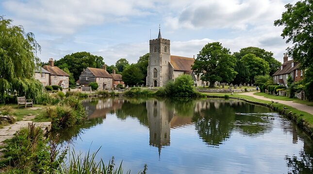 Castle combe village pond with st. Andrew church, reflecting in the water, surrounded by trees, sky, and grass. Ideal for scenic backgrounds or travelrelated designs.