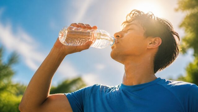 Thirsty Young Man Drinking Refreshing Cold Water Under Intense Summer Sun Showcases Outdoor Hydration Resilience and Sporty Vitality
