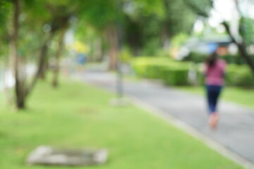 Obraz premium Fresh green lawns in the park. Blur nature bokeh green park trees in morning. There is a walking path for exercise.