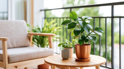 Fototapeta premium Cozy balcony seating area with potted plants and a small wooden table
