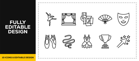 flat vector illustration line art icon bundle set design representing classical ballet dances artistic performances theater stages elegance ballerina outfits graphic UI © Md