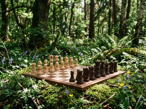 Carved wooden chess set displayed in a forest for International Chess Day  