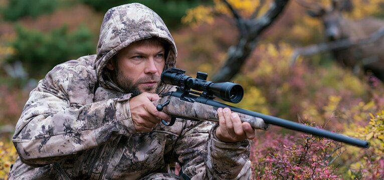 In autumn woods, a camouflaged hunter aims carefully, highlighting the intensity of fall hunting and survival skills.
