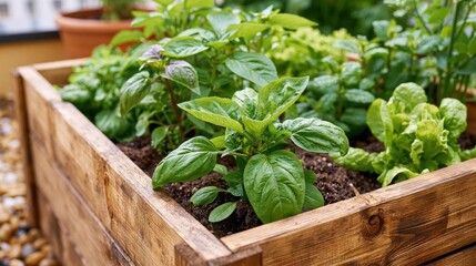 Naklejka premium Wooden raised garden bed overflowing with fresh green vegetables and herbs