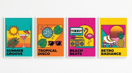 Naklejka premium Colorful 90s-style posters with tropical plants, cocktails, and disco motifs for modern summer-themed decor.