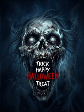 Creepy zombie skull screaming with Halloween greeting concept art