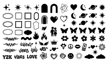 Y2K Aesthetic Silhouette Design Element Graphic Set Featuring Retro Futuristic Stars, Hearts, Butterflies, Tribal Tattoos, and Cosmic Symbols for Vector Illustrations © MdGohurul