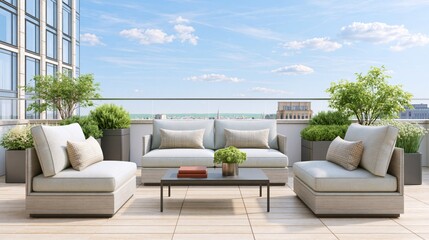 Fototapeta premium Chic urban balcony terrace with modern outdoor furniture and city views