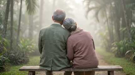 Fototapeta premium Tender elderly partners rest closely on a rustic wooden seat in a misty tropical palm grove, photographed from behind as her head leans on his shoulder during a peaceful shared morning outdoors