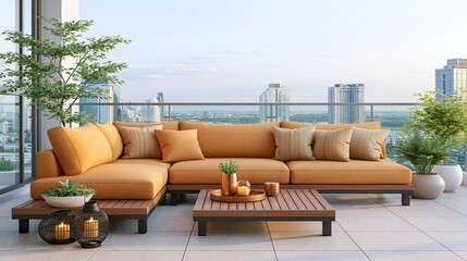 Fototapeta premium Chic urban balcony terrace with orange sectional sofa and city views