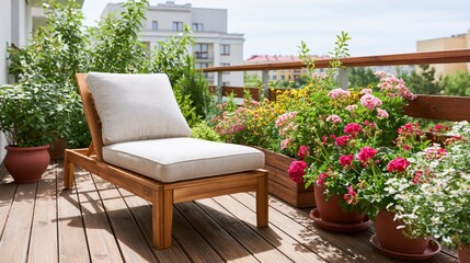 Fototapeta premium Relaxing urban balcony oasis with wooden deck and blooming flowers