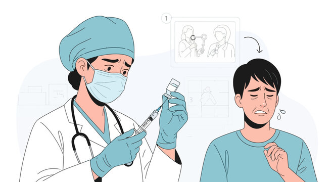 Fearful patient receives vaccine at clinic, doctor prepares injection