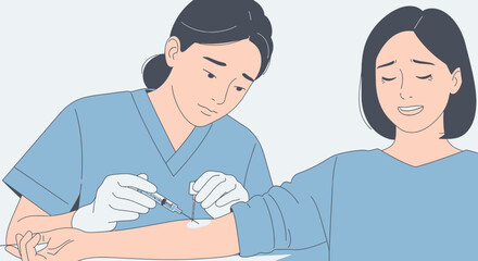 Fototapeta premium Nurse administers injection to worried patient in clinic room