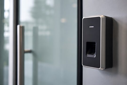 A modern fingerprint scanner security device mounted on a wall next to a glass door with a handle.