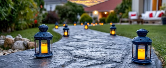 Naklejka premium A cozy suburban backyard with glowing lanterns lining a curved stone path, creating an inviting sunset ambiance.