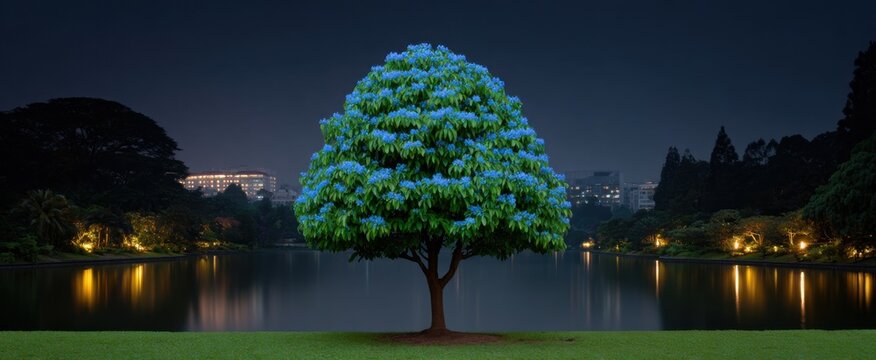 Pohon bercahaya dengan sinar LED biru di malam yang gelap dan misterius