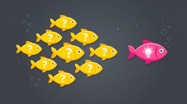 One Fish With Lightbulb Idea Leading School of Question Mark Fish