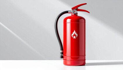Obraz premium Red fire extinguisher with safety symbol on white background