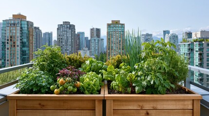 Fototapeta premium Urban balcony garden with fresh vegetables and city skyline view