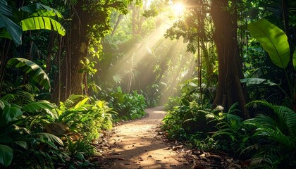 Fototapeta premium Sunlight filtering through lush green jungle pathway with dense foliage and natural illumination