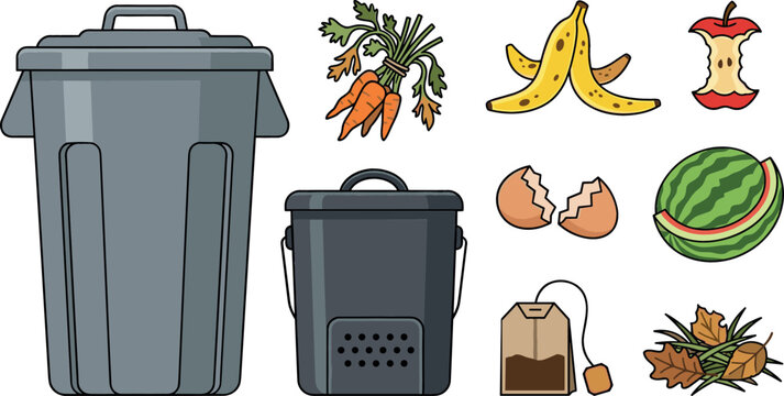 Organic waste composting vector set featuring trash bins food scraps banana peel apple core and eggshell elements on white background
