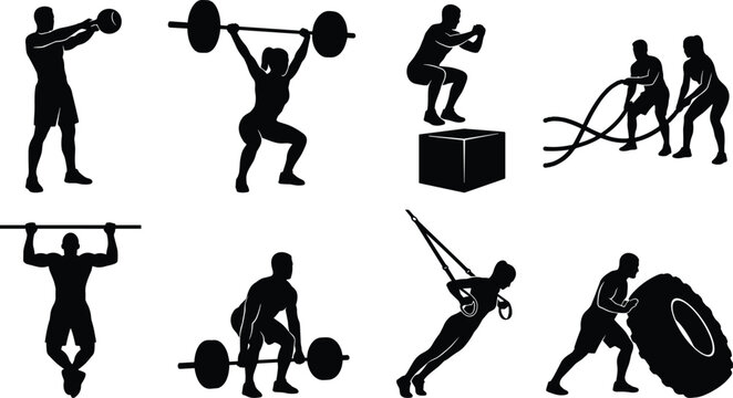 Set of fitness silhouettes including weightlifting kettlebell swings box jumps battle ropes pull ups and tire flips isolated on white background