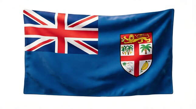 Waving flag of Fiji with the national coat of arms isolated on a clean white studio background for web design