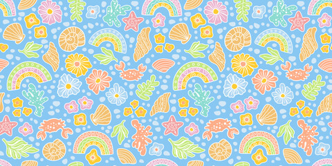 Hand drawn pastel seamless marine pattern with shells, corals, flowers, crabs and stars on turquoise, playful ocean themed boho background with soft pink, blue, green and yellow decorative elements © Nataliia