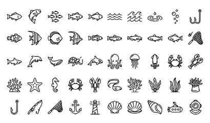 Aquatic Life Line Icon Collection with Fish and Marine Symbols © Salamun