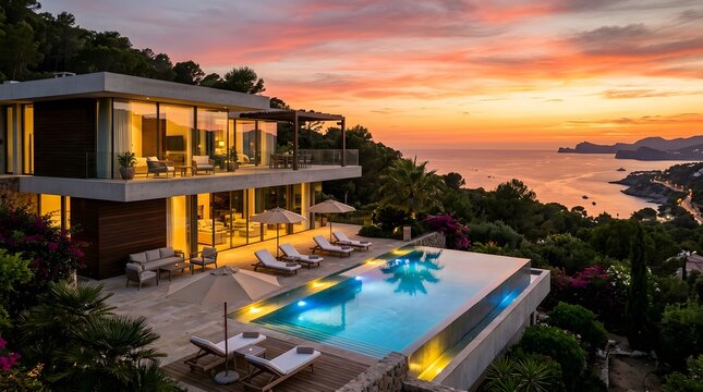 Modern luxury mansion on the oceanfront with glowing pool and terrace at sunset, real estate 