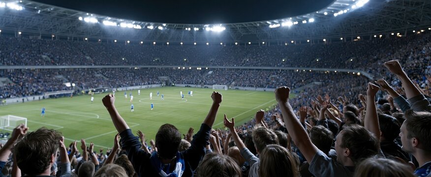 Brightly illuminated soccer stadium showcases dynamic players, enthusiastic crowd, and energetic ambiance during a major match.
