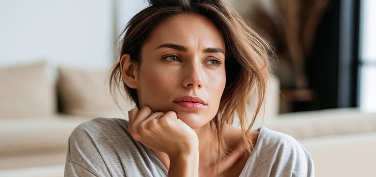 A pensive woman seated in a minimalist living room, bathed in soft natural light with subdued color accents.
