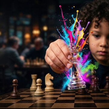Child moving chess piece with colorful splashes on vibrant background - Concept of International World Chess Day FIDE  