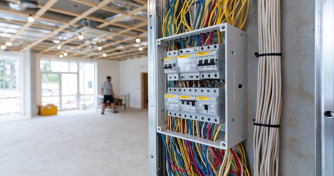 Electrical panel installation in a new home featuring tidy wiring and adherence to safety standards.