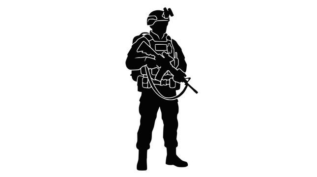 Armed soldier silhouette standing in full tactical uniform.