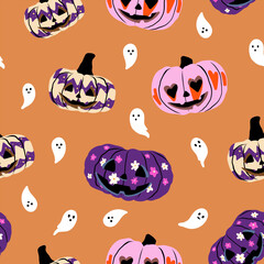 Fototapeta premium Cute pastel Halloween pumpkins and ghosts seamless pattern