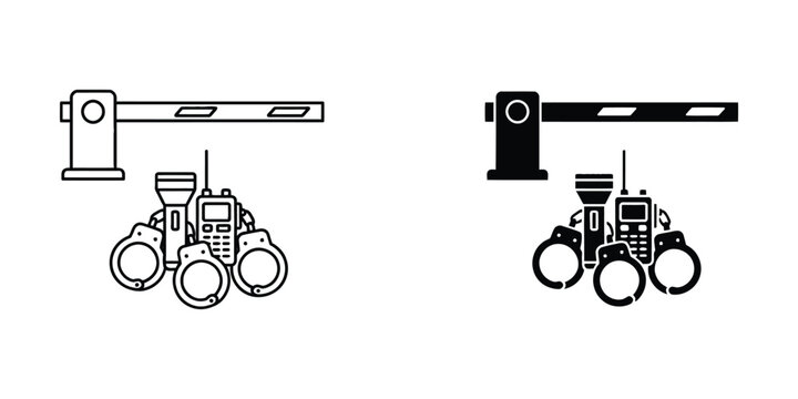 Security checkpoint barrier with radio handcuffs and flashlight icons set