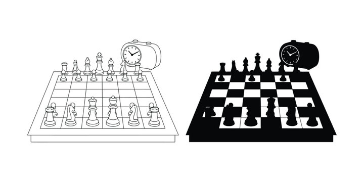 Chess board with pieces and game clock in outline and solid black icon style