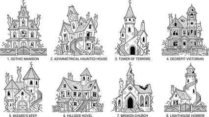 Obraz premium Hand Drawn Haunted House and Gothic Horror Architecture Vector Collection with Spooky Fantasy Buildings Outline Set