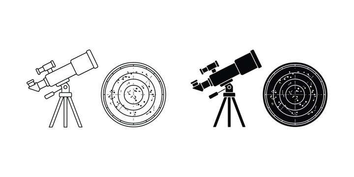 Telescope and star chart map icon in linear and solid black graphic styles