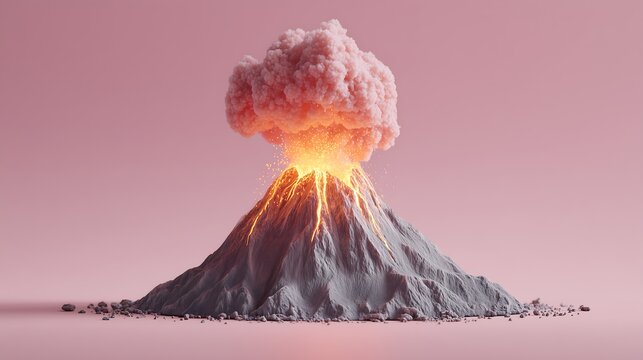 Minimal 3D volcano eruption icon featuring a stylized mountain with glowing lava on a pastel pink background. Modern geology symbol for natural disaster, earth science, and environmental concepts.