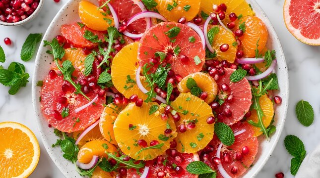 A vibrant citrus salad with orange, grapefruit, pomegranate, mint, arugula, and red onion on a white plate, suited to fresh recipe and wellness campaigns.